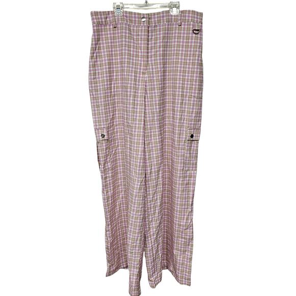 Forever 21+ Womens 1X Pink Plaid Elastic Waist Wide Leg Cargo Academia NWT - Picture 1 of 13